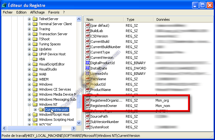 Changer le nom d'utilisateur enregistré d'une licence Windows XP