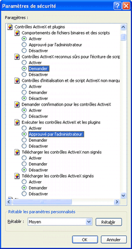 Réglages ActiveX moyen dans Internet Explorer