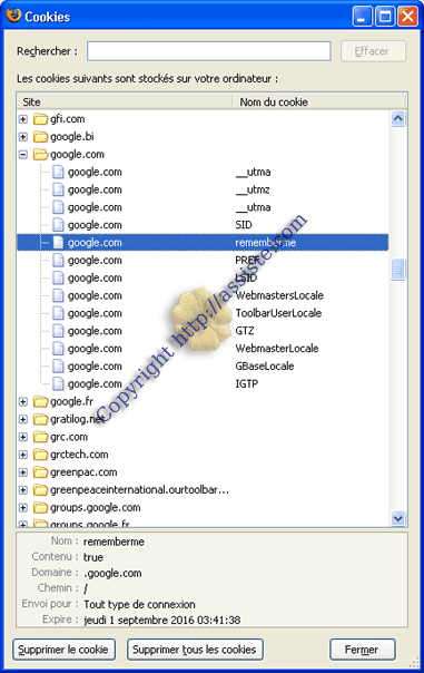 Cookie Manager > Onglet "Cookies Sites" - ici, une liste des sites qui ne pourront plus créer de cookies