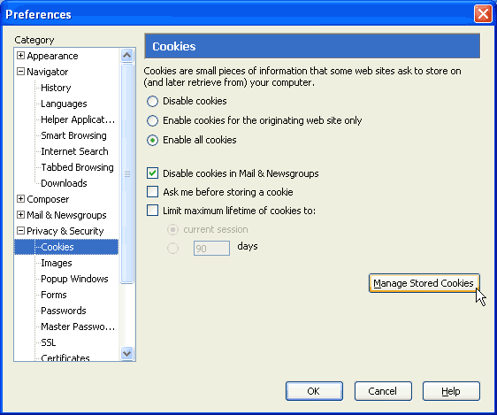 Mozilla > Edit > Preference > Privacy and Secutity > Cookies > Manage stored cookies