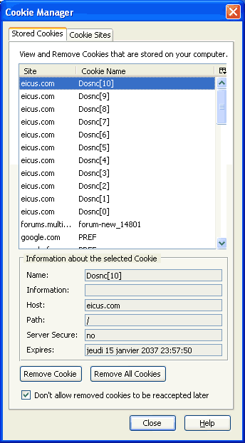 Cookie Manager > Onglet "Stored Cookies" - ici, l'exemple d'un site ayant créé 11 cookies !!!