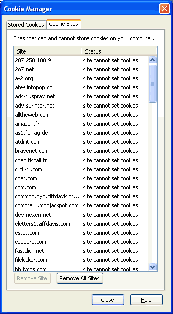 Cookie Manager > Onglet "Cookies Sites" - ici, une liste des sites qui ne pourront plus créer de cookies