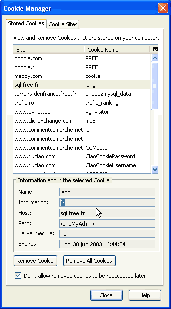 Cookie Manager > Onglet "Stored Cookies" - ici, l'exemple d'un site ayant créé un cookie dont le contenu est lisible