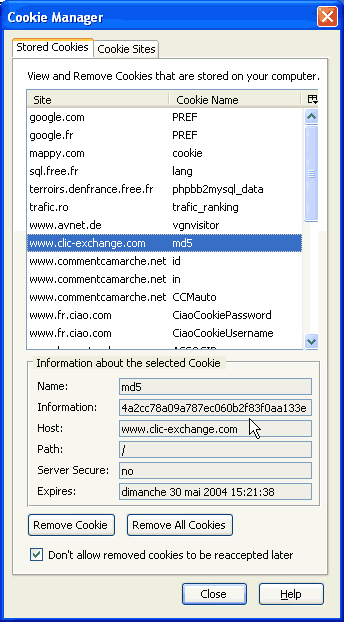 Cookie Manager > Onglet "Stored Cookies" - ici, l'exemple d'un site ayant créé un cookie dont le contenu est codé ou crypté