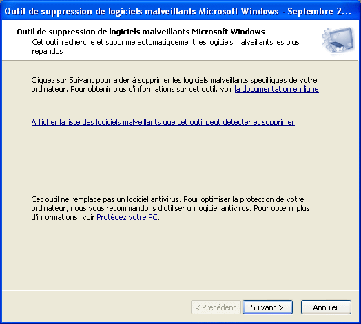 Outil de suppression de logiciels malveillants Microsoft Windows - (KB890830)